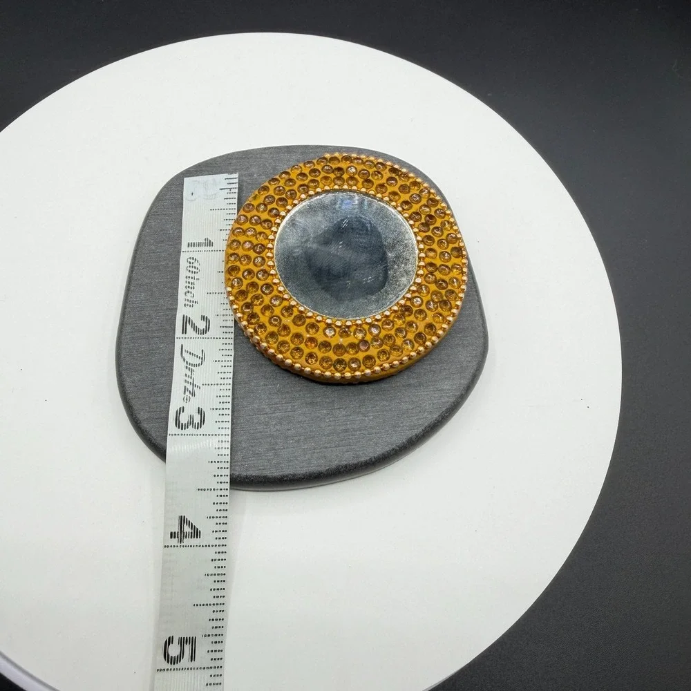 Gold & Amber Tone Rhinestone Round Pocket Purse Mirror Beaded Boho Vanity Decor